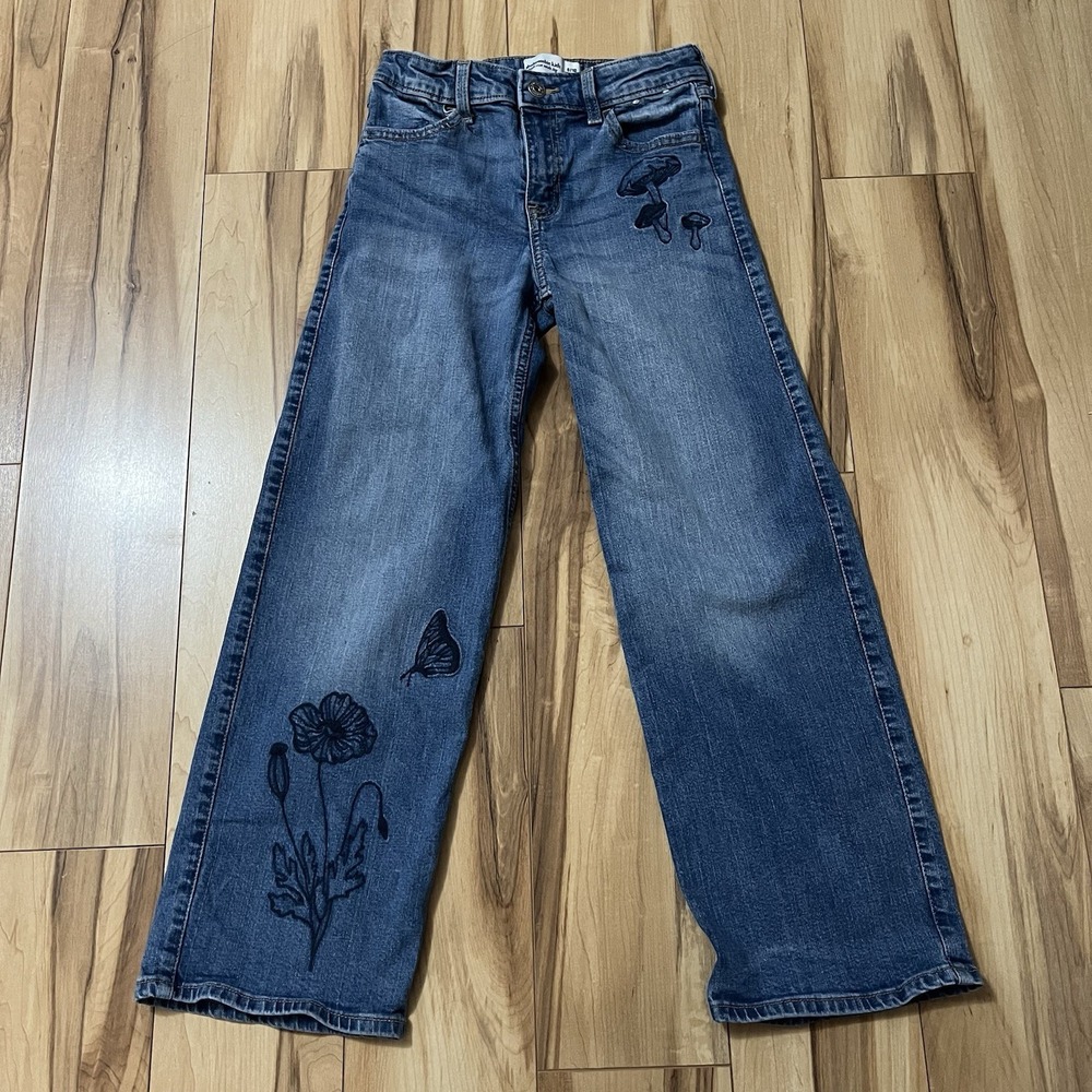Abercrombie Kids Floral Mushroom Embroidered High Rise Wide Leg Jeans Sz 9/10